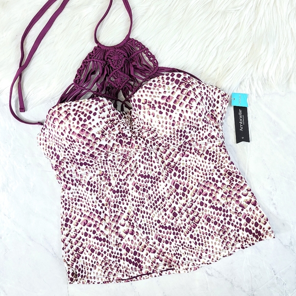 Ambrielle Snakeskin Maroon Gold Macrame Tankini - Picture 2 of 8